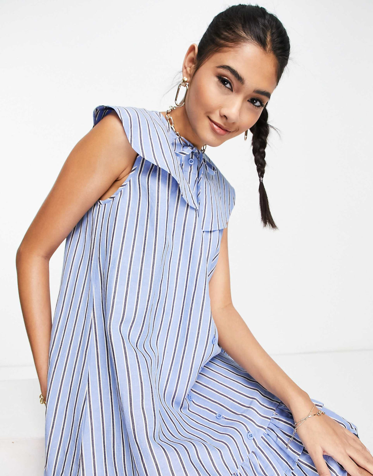 Whistles Sleeveless Mini Dress With Oversized Collar In Blue Stripe