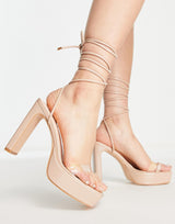 Public Desire Teagen Platform Heel Sandals In Beige Patent