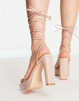 Public Desire Teagen Platform Heel Sandals In Beige Patent