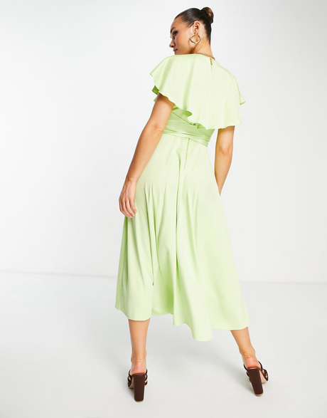 Closet London Ruched Waist Flutter Sleeve Midi Dress In Lime