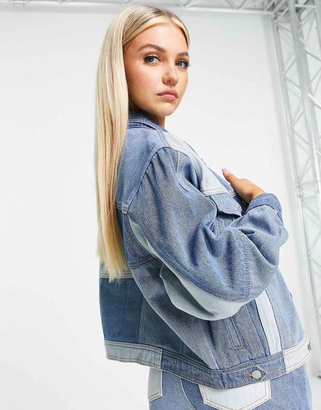 Signature 8 Co-Ord Patchwork Denim Oversized Jacket In Mid Wash