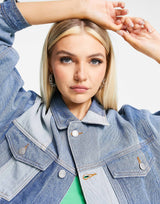 Signature 8 Co-Ord Patchwork Denim Oversized Jacket In Mid Wash