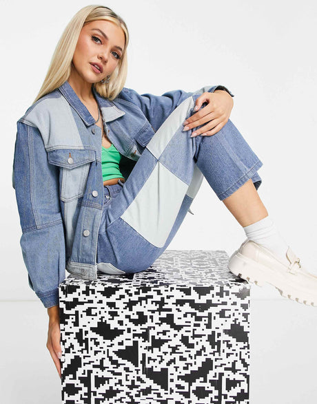 Signature 8 Co-Ord Patchwork Denim Oversized Jacket In Mid Wash