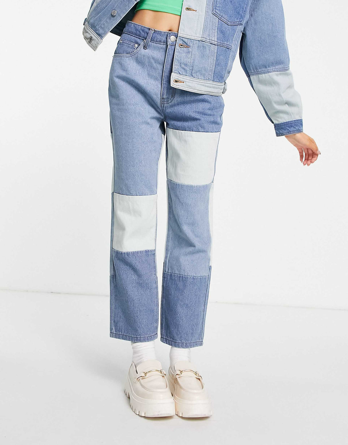 Signature 8 Co-Ord Patchwork Denim Flare Jeans In Mid Wash