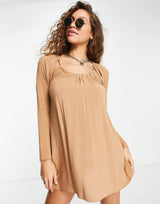 Asos Design Long Sleeve Halter Neck Mini Dress In Beige