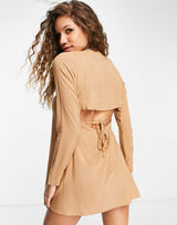 Asos Design Long Sleeve Halter Neck Mini Dress In Beige