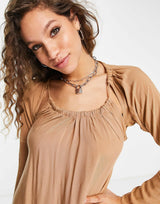 Asos Design Long Sleeve Halter Neck Mini Dress In Beige