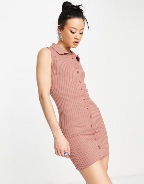 Fashionkilla Button Through Rib Mini Dress In Dusty Pink