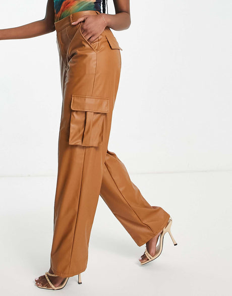 Missyempire Leather Look Pocket Detail Trouser Co Ord In Camel