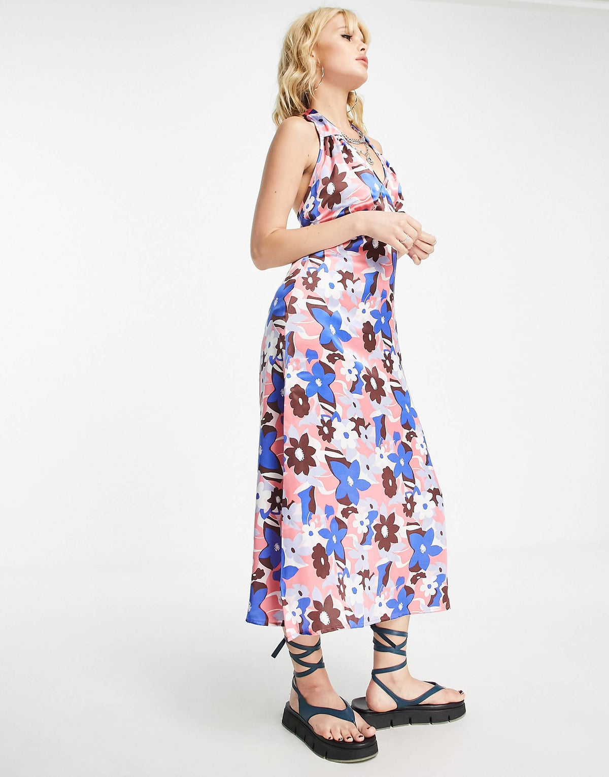 Violet Romance Satin Halter Neck Midi Dress In Bold Floral Print