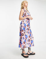 Violet Romance Satin Halter Neck Midi Dress In Bold Floral Print