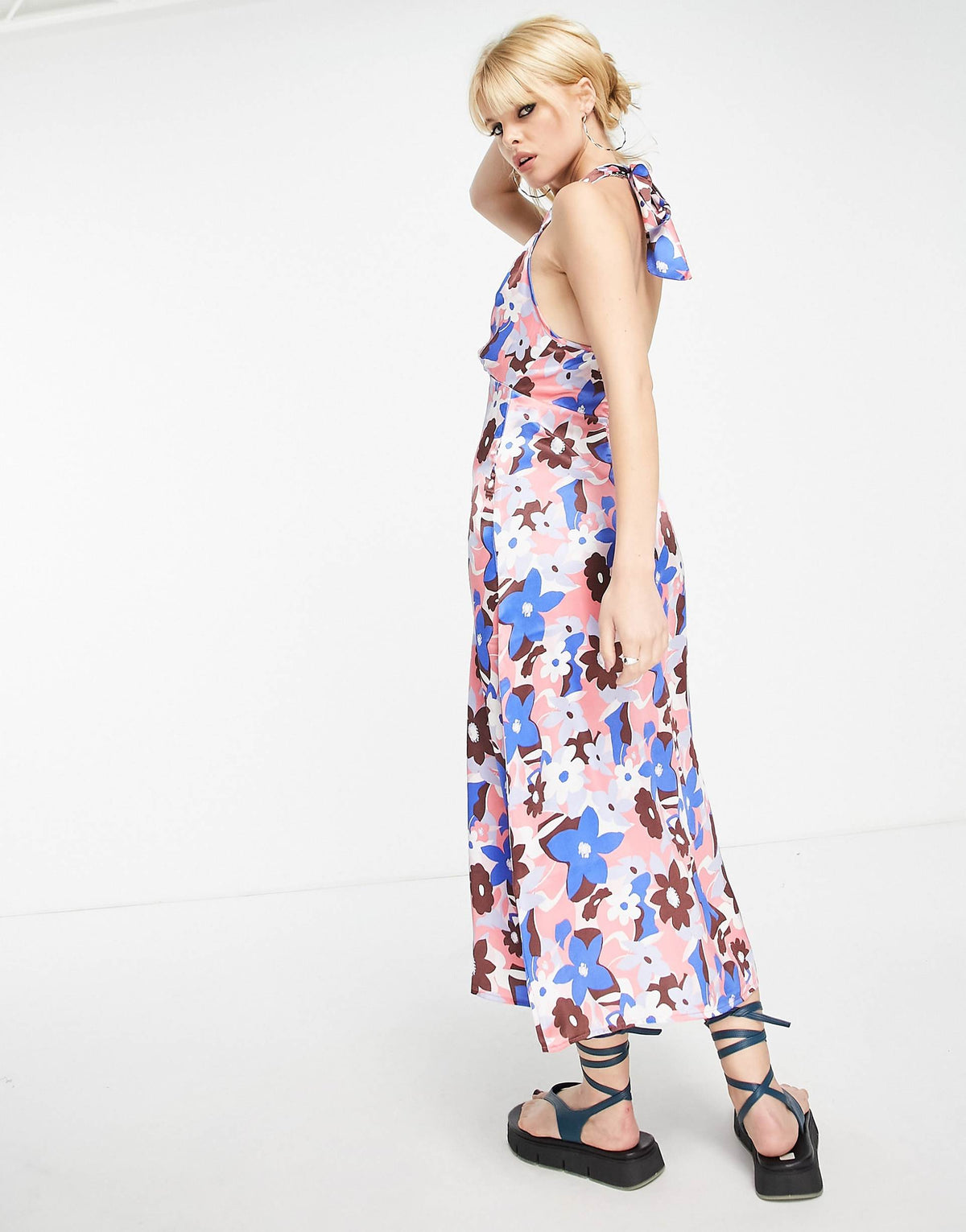 Violet Romance Satin Halter Neck Midi Dress In Bold Floral Print