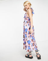 Violet Romance Satin Halter Neck Midi Dress In Bold Floral Print
