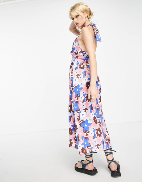 Violet Romance Satin Halter Neck Midi Dress In Bold Floral Print