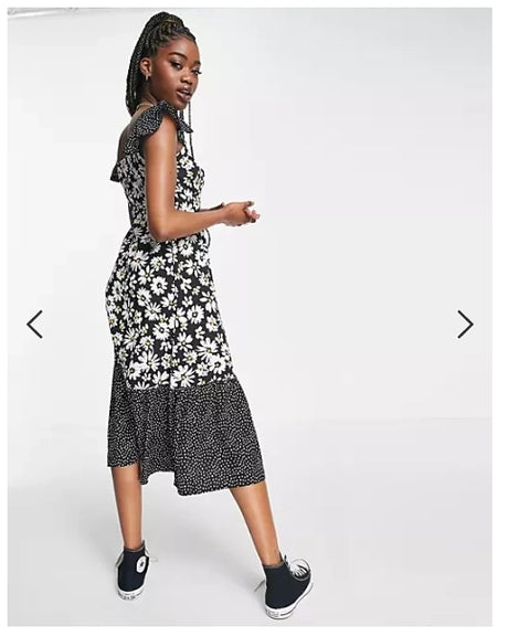 Influence Frill Sleeve Midi Dress In Daisy Polka Mix Print