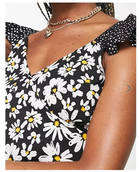 Influence Frill Sleeve Midi Dress In Daisy Polka Mix Print
