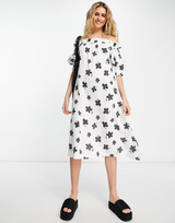 Lost Ink Floral Print Off-Shoulder Midi Dress In White