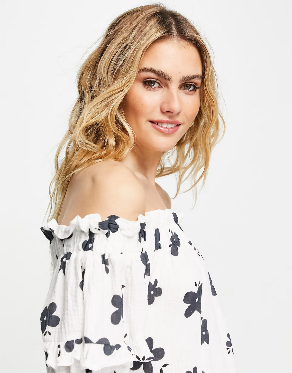 Lost Ink Floral Print Off-Shoulder Midi Dress In White
