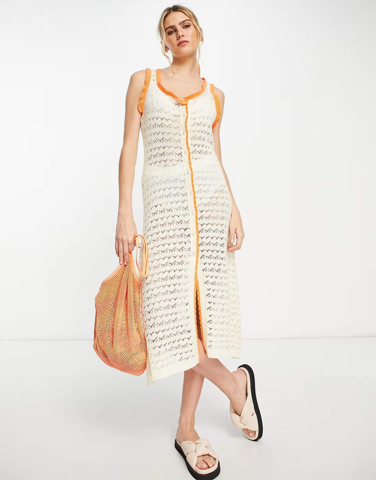 Lost Ink Crochet Button Front Midi Dress In Cream