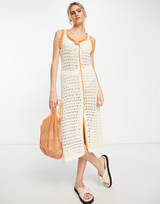 Lost Ink Crochet Button Front Midi Dress In Cream