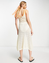 Lost Ink Crochet Button Front Midi Dress In Cream