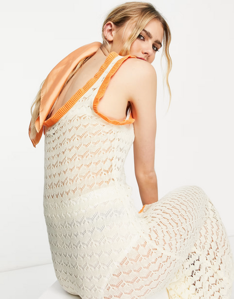 Lost Ink Crochet Button Front Midi Dress In Cream