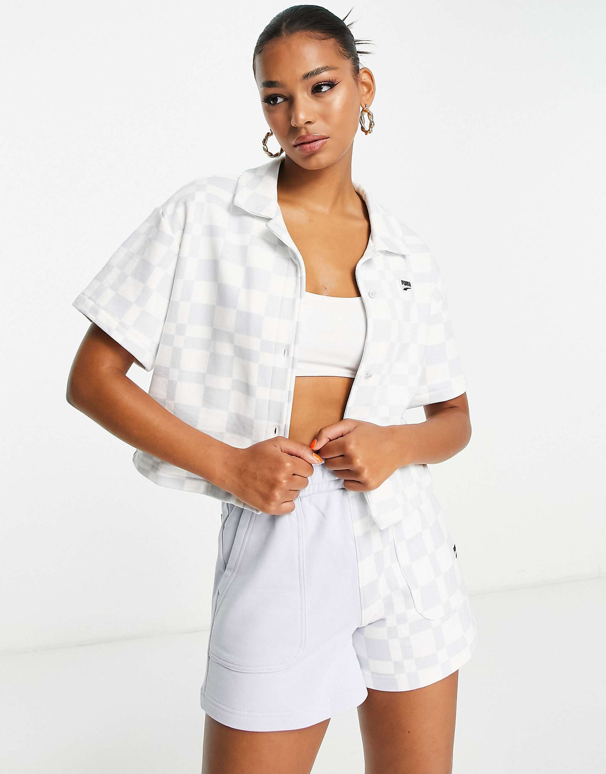 Puma Downtown Checkerboard Shirt In Pale Blue And White