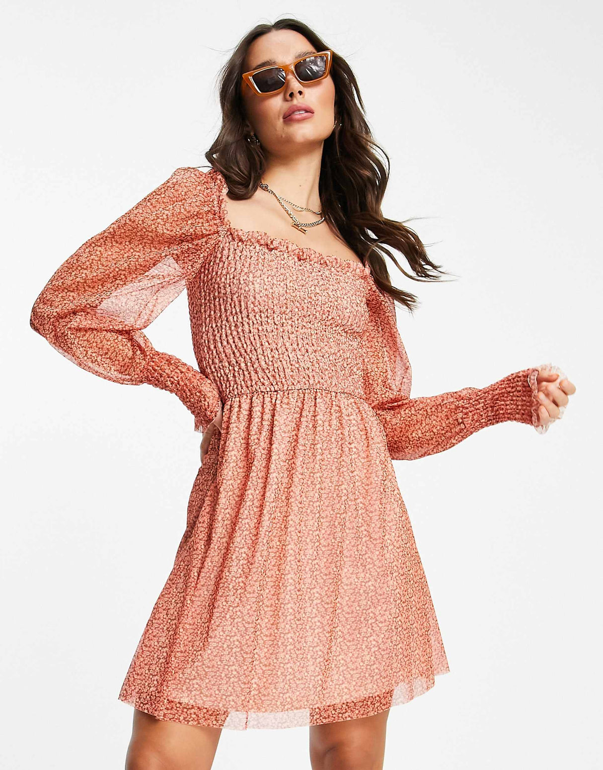 River Island Shirred Mesh Mini Dress In Red Ditsy Floral