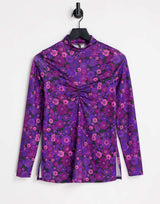 River Island Ruched Front Floral Top In Purple
