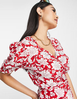 Mango Frill Detail Tie Blouse Red Floral Print