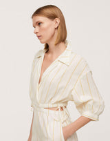 Mango Cut Out Detail Linen Stripe Jumpsuit In White