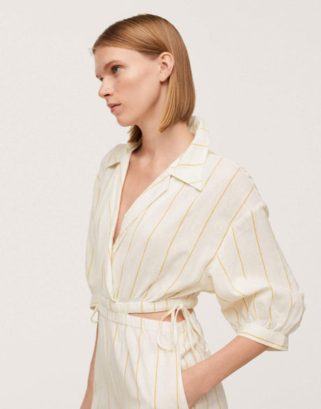 Mango Cut Out Detail Linen Stripe Jumpsuit In White