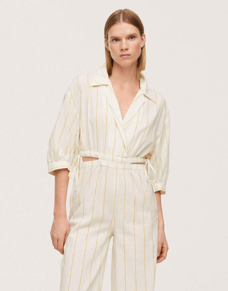 Mango Cut Out Detail Linen Stripe Jumpsuit In White