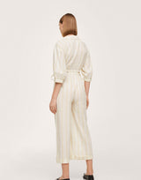 Mango Cut Out Detail Linen Stripe Jumpsuit In White