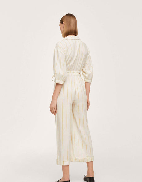 Mango Cut Out Detail Linen Stripe Jumpsuit In White