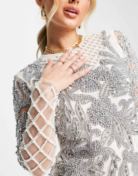A Star Is Born Backless Embellished Long Sleeve Mini Dress In Silver