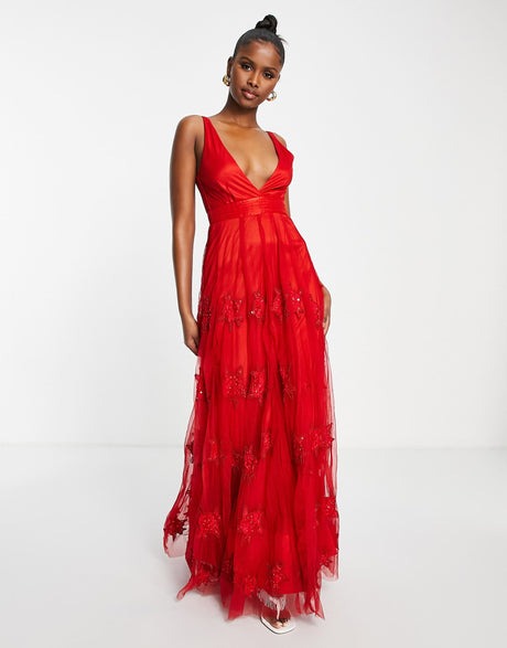 A Star Is Born V Neck Embellished Maxi Prom Dress In Red
