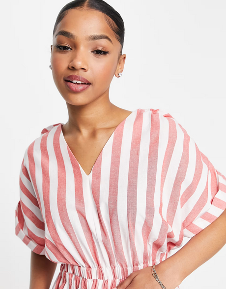 Urban Revivo Cinched Waist Playsuit In Red Stripe