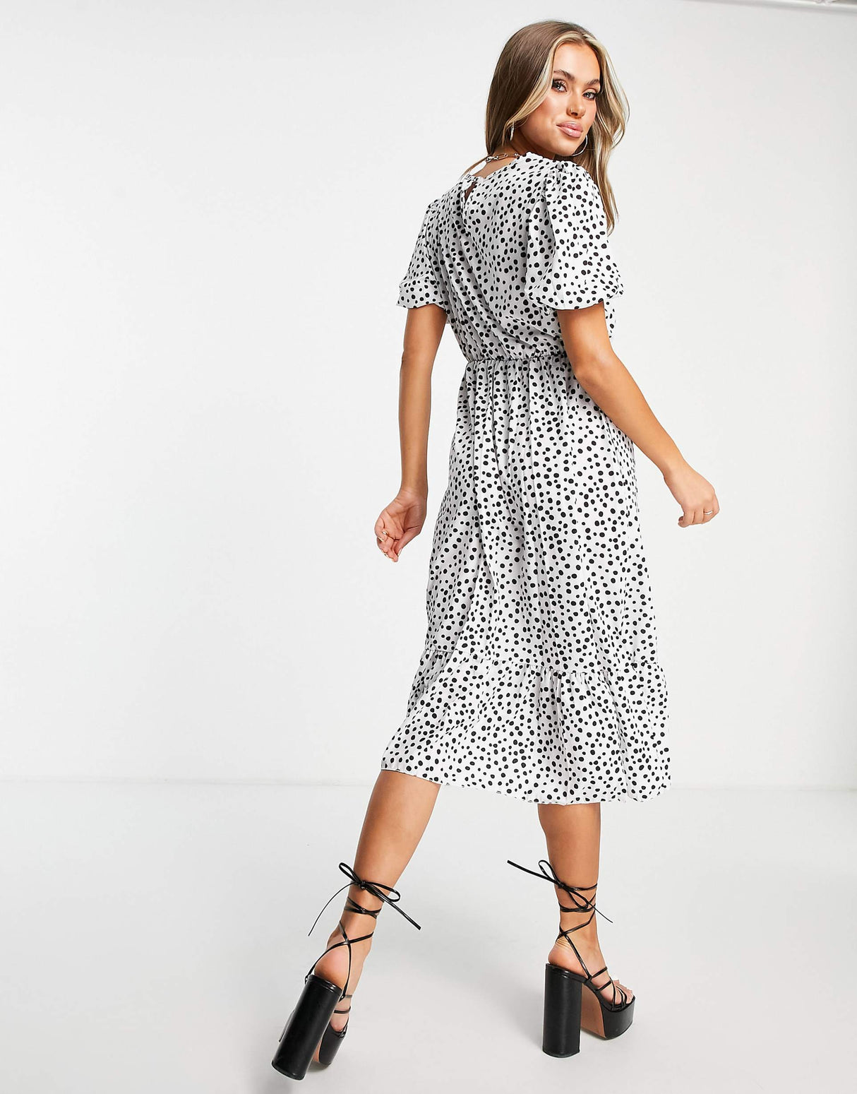 I Saw It First Polka Dot Puff Sleeve Midi Dress In White
