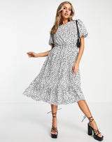 I Saw It First Polka Dot Puff Sleeve Midi Dress In White