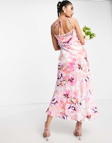 Liquorish Satin Slip Dress With Frill Detail In Pastel Floral
