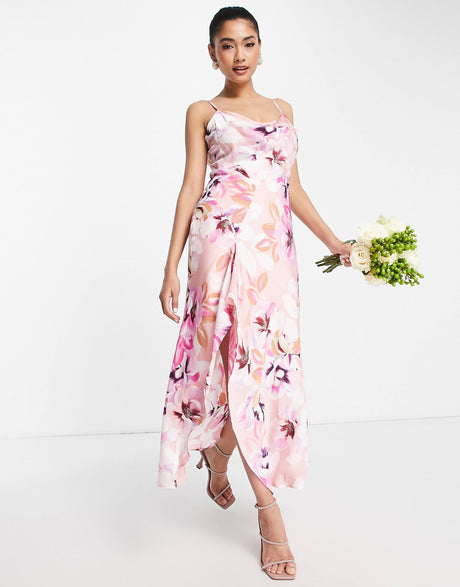Liquorish Satin Slip Dress With Frill Detail In Pastel Floral