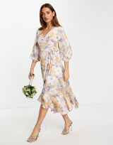 Liquorish Satin Wrap Midi Dress With Puff Sleeve In Soft Pastel Floral