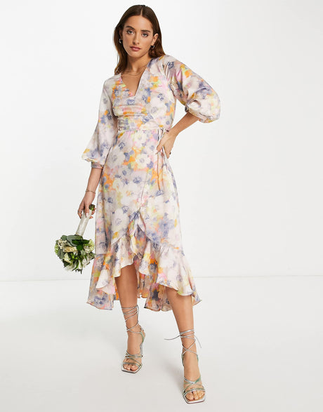 Liquorish Satin Wrap Midi Dress With Puff Sleeve In Soft Pastel Floral