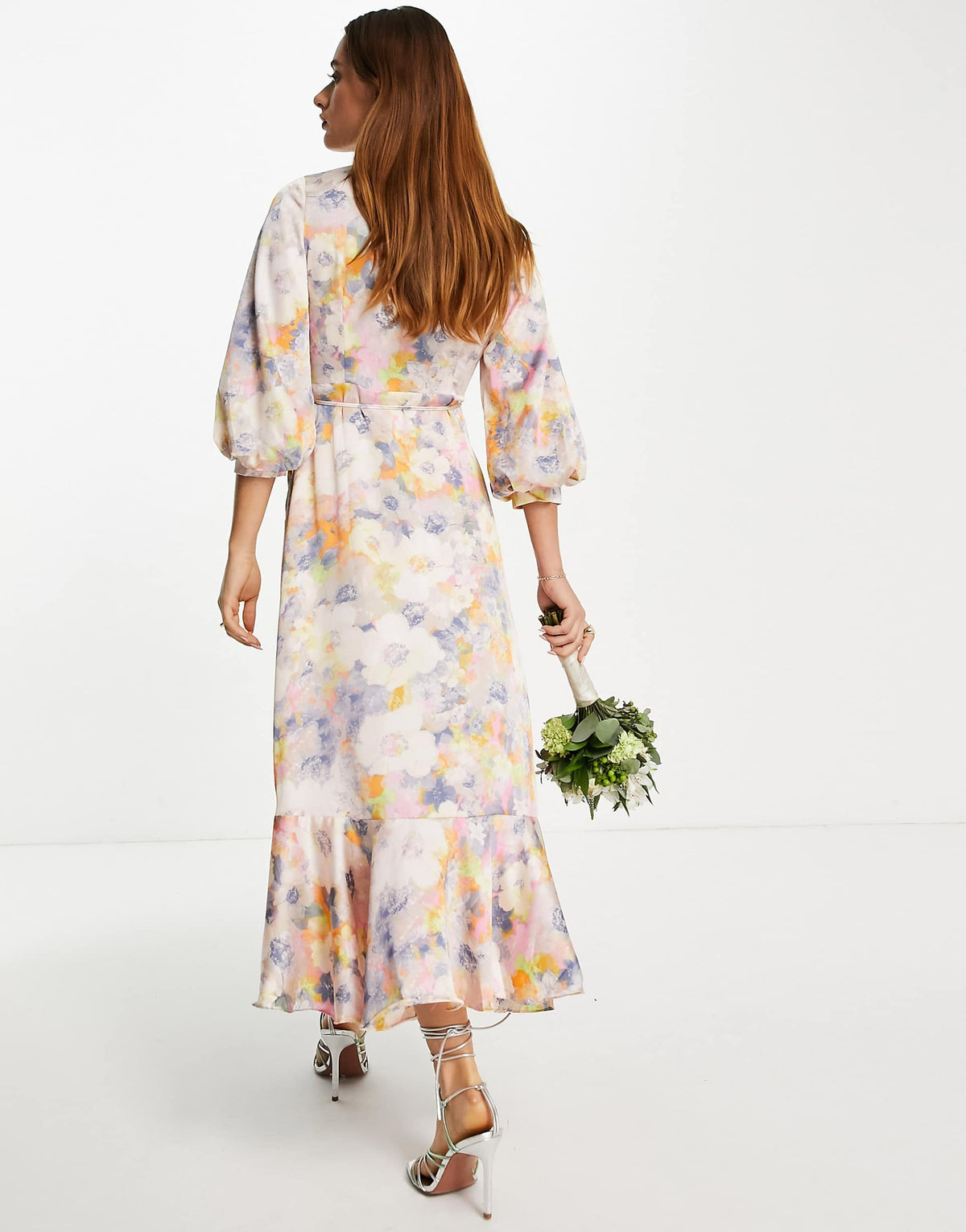 Liquorish Satin Wrap Midi Dress With Puff Sleeve In Soft Pastel Floral