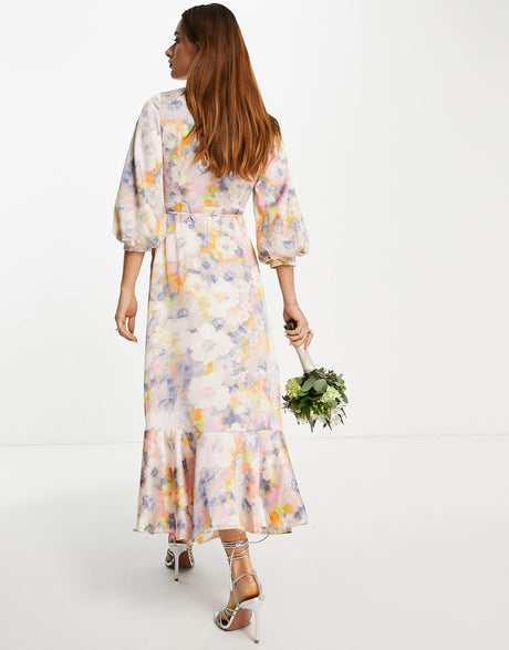 Liquorish Satin Wrap Midi Dress With Puff Sleeve In Soft Pastel Floral