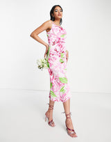 Liquorish Satin Wrap Midi Dress In Green And Pink Floral Print