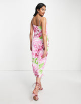 Liquorish Satin Wrap Midi Dress In Green And Pink Floral Print