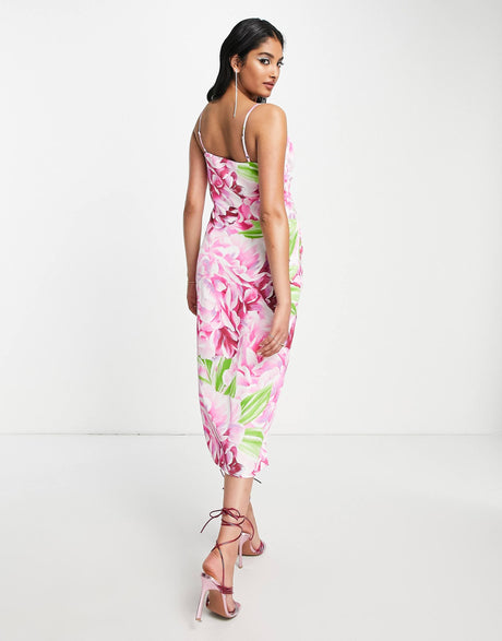 Liquorish Satin Wrap Midi Dress In Green And Pink Floral Print