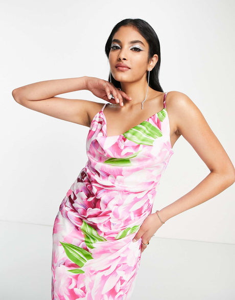 Liquorish Satin Wrap Midi Dress In Green And Pink Floral Print